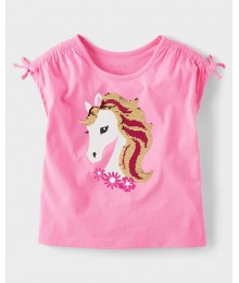 Childrens Place Girls Pink Horse Tie Sleeve Top